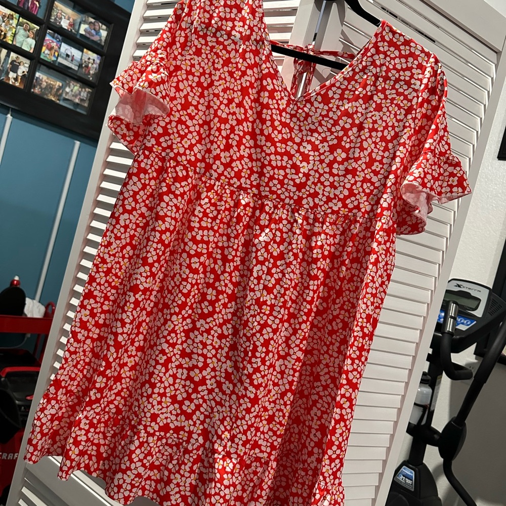 Red and White floral dress.